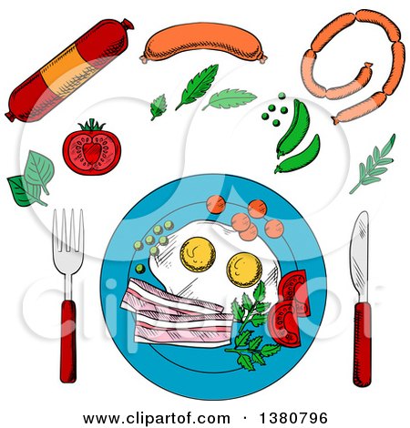 Clipart of a Sketched Breakfast with Fried Eggs and Bacon Served on Blue Plate with Cutlery Surrounded by Vegetables and Sausage - Royalty Free Vector Illustration by Vector Tradition SM