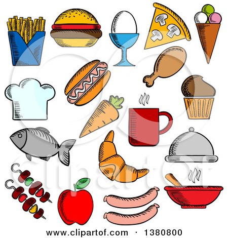 Clipart of Sketched Food and Drinks Flat Icons Set with Pizza, Sausages, Burger, Coffee Cup, Cake, Chicken, Egg, Ice Cream, Hot Dog, French Fries, Apple, Fish, Carrot, Croissant, Barbecue, Soup, Chef Hat, Tray - Royalty Free Vector Illustration by Vector Tradition SM