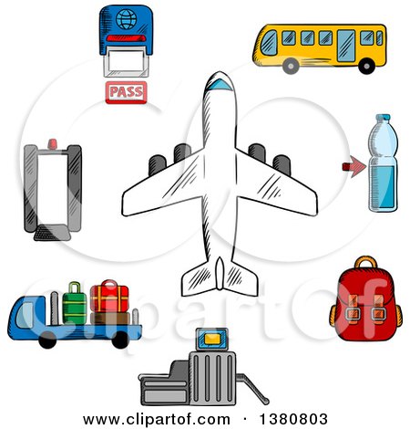 Clipart of Sketched Airport, Aviation and Airline Service Icons with Airplane Surrounded by Symbols of Passport Control, Metal Detector and Security Gate, Baggage Service and Passenger Bus, Drink and Hand Baggage - Royalty Free Vector Illustration by Vector Tradition SM