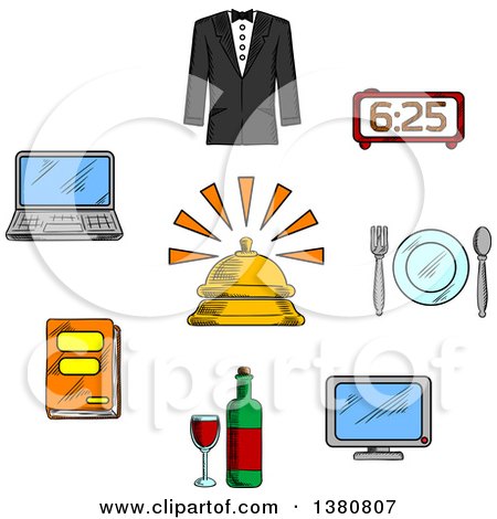 Clipart of Sketched Travel and Hotel Luxury Service Icons with Reception Bell and High Quality Room Service Symbols - Royalty Free Vector Illustration by Vector Tradition SM