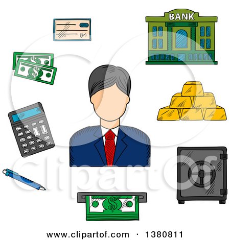 Clipart of a Sketched Banker with Dollar Bills, Stacked Gold Bars and Bank Check, Bank Building and Calculator, Pen, ATM and Safe - Royalty Free Vector Illustration by Vector Tradition SM