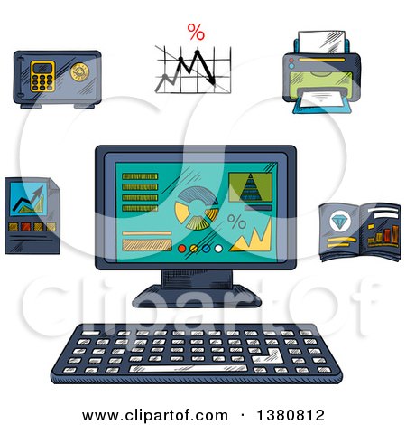 Clipart of Sketched Business, Technology and Office Icons with Printer and Report, Charts and Graphs, Folder, Laptop and Safe Box - Royalty Free Vector Illustration by Vector Tradition SM