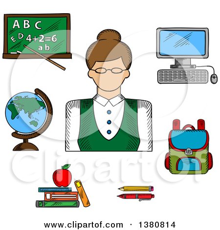 Clipart of a Sketched Female Teacher Surrounded by School Supplies Such As Schoolbag, Blackboard and Desktop Computer, Globe and Pen, Pencil, Books and Apple - Royalty Free Vector Illustration by Vector Tradition SM