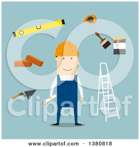 Clipart of a Flat Design Male Builder with Trowel, Brick and Measuring Tape, Folding Ladder and Level Tool, Paintbrush with Paint Can and Wheelbarrow, on Blue - Royalty Free Vector Illustration by Vector Tradition SM