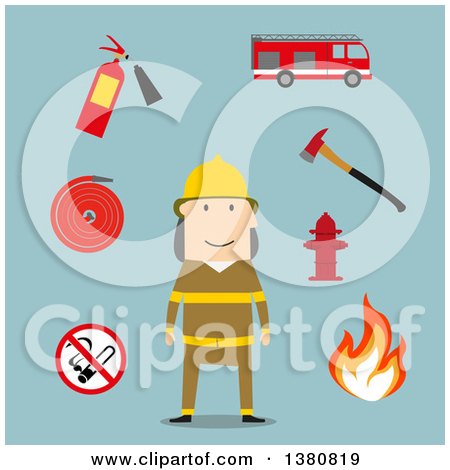 Clipart of a Flat Design Fireman Flanked by Fire Axe, Conical Bucket and Shovel, Extinguisher and Fire Alarm, Hydrant and Prohibition Sign, on Blue - Royalty Free Vector Illustration by Vector Tradition SM