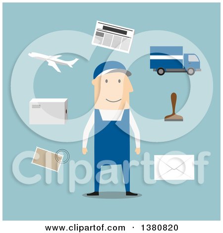 Clipart of a Flat Design White Male Postman with Postage Stamp, Letterbox, Package, Van, Airplane and Letters, on Blue - Royalty Free Vector Illustration by Vector Tradition SM