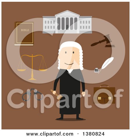 Clipart of a Flat Design Judge in Mantle and Wig, Encircled by Law Book, Gavel, Prisoner Photo, Court Building, Scales, Paper Scroll and Briefcase over Brown - Royalty Free Vector Illustration by Vector Tradition SM