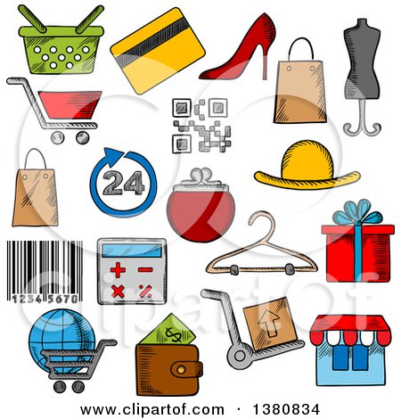Clipart of Sketched Shopping, Retail Industry and Commerce Icons with Shopping Cart, Basket and Bags, Credit Card, Wallet, Money, Delivery and Barcode, Store, Qr Code, Gift Box and Calculator, Shoes and Hat - Royalty Free Vector Illustration by Vector Tradition SM