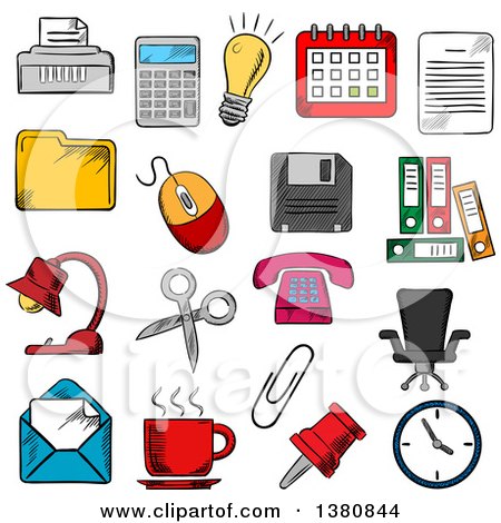 Clipart of Sketched Business and Office Supplies Icons with Light Bulb and Phone, Calendar and Calculator, Mouse and E-mail, Folders Documents and Clock, Coffee Cup and Chair, Shredder and Scissors, Pin and Clip - Royalty Free Vector Illustration by Vector Tradition SM