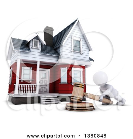 Clipart of a 3d White Man Auctioneer Banging a Gavel in Front of a Home, on a White Background - Royalty Free Illustration by KJ Pargeter