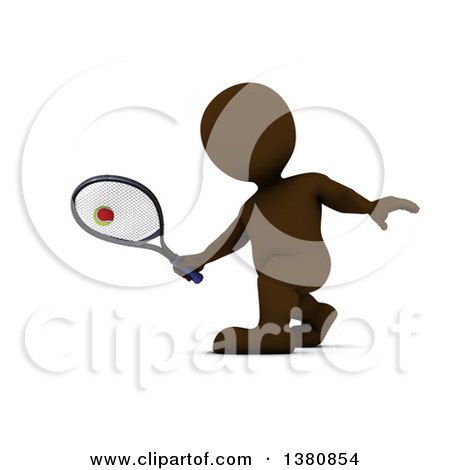 Clipart of a 3d Brown Man Playing Tennis, on a White Background - Royalty Free Illustration by KJ Pargeter