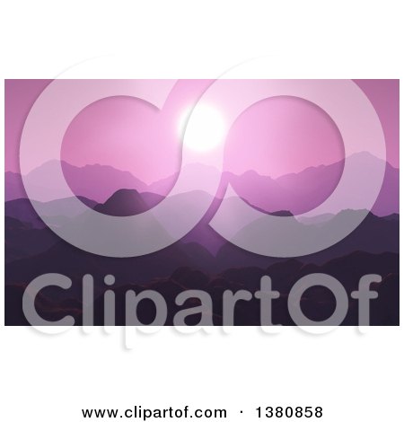 Clipart of a Purple Sunset over a 3d Mountain Range Landscape - Royalty Free Illustration by KJ Pargeter