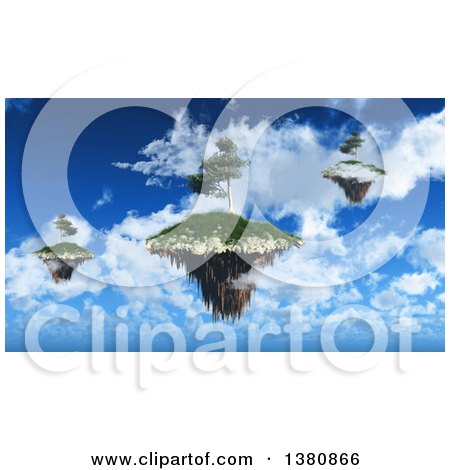 Clipart of a 3d Floating Islands with Trees Against a Blue Cloudy Sky - Royalty Free Illustration by KJ Pargeter