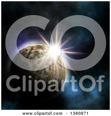 Clipart of a 3d Sun Rising Behind a Fictional Planet - Royalty Free Illustration by KJ Pargeter