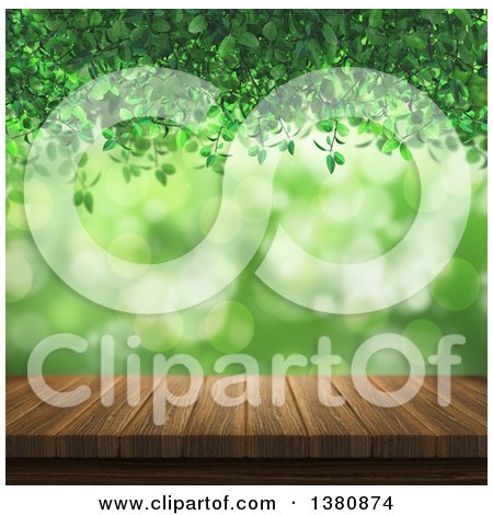 Clipart of a 3d Wooden Table with Green Vines, Light and Bokeh Flares - Royalty Free Illustration by KJ Pargeter