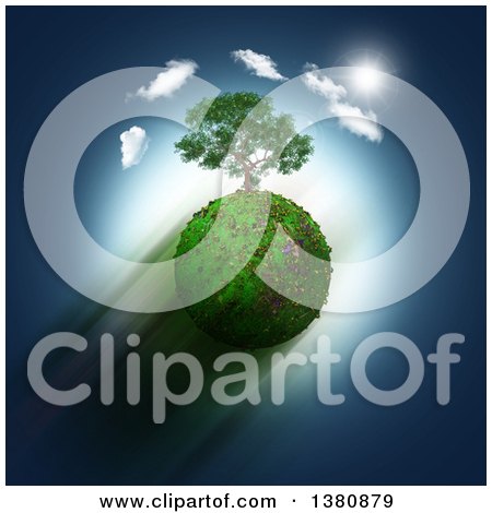 Clipart of a 3d Tree on a Grassy Planet, Zooming Through a Blue Sky with Sunshine and Clouds - Royalty Free Illustration by KJ Pargeter