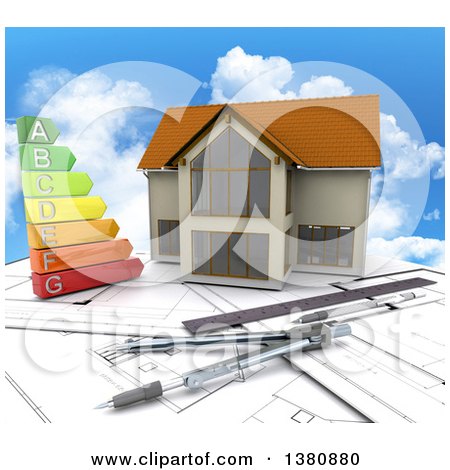 Clipart of a 3d Custom Home with an Energy Chart and Drafting Tools over Blueprints and Sky - Royalty Free Illustration by KJ Pargeter