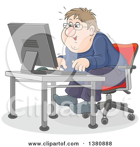 Clipart of a Chubby Caucasian Man Looking Excited and Sitting at a Computer Desk - Royalty Free Vector Illustration by Alex Bannykh