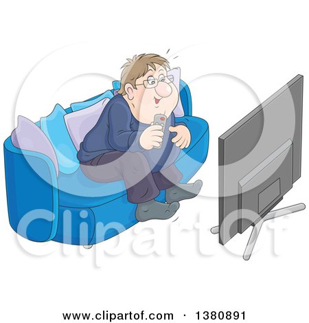 Clipart of a Chubby Caucasian Man Getting Excited While Watching Tv - Royalty Free Vector Illustration by Alex Bannykh