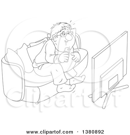 Clipart of a Black and White Lineart Chubby Man Getting Excited While Watching Tv - Royalty Free Vector Illustration by Alex Bannykh