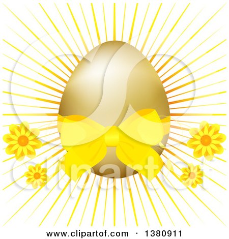 Clipart of a 3d Golden Easter Egg with a Yellow Bow, Flowers and Burst - Royalty Free Vector Illustration by elaineitalia