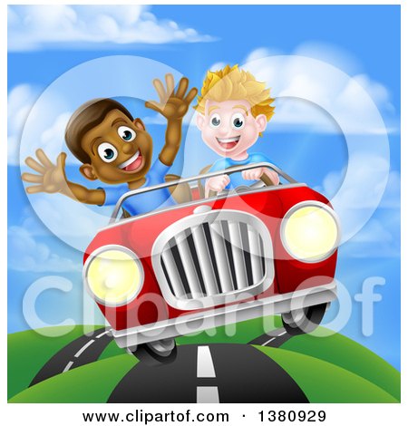 Clipart of a Happy White Boy Driving a Black Boy and Catching Air in a Convertible Car - Royalty Free Vector Illustration by AtStockIllustration