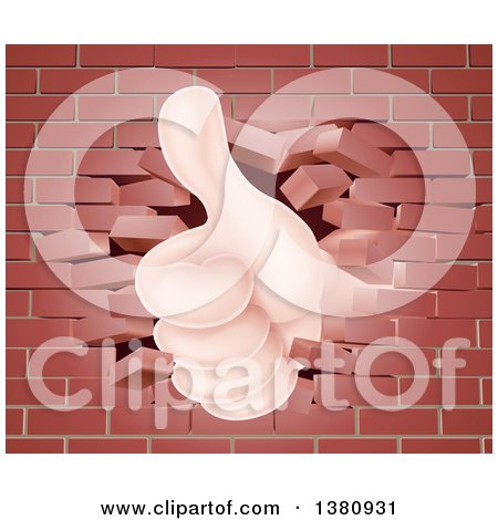 Clipart of a Caucasian Hand Giving a Thumb up and Breaking Through a Brick Wall - Royalty Free Vector Illustration by AtStockIllustration