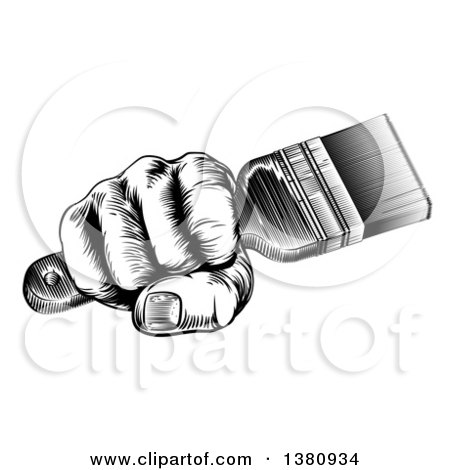 Clipart of a Retro Black and White Woodcut Fisted Hand Holding a Paintbrush - Royalty Free Vector Illustration by AtStockIllustration
