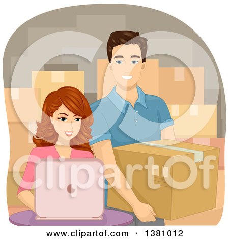 Clipart of a Happy Young Caucasian Couple Shipping and Working from Their Home - Royalty Free Vector Illustration by BNP Design Studio