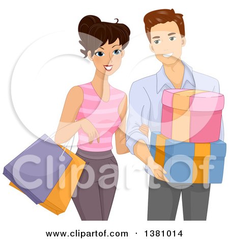 Clipart of a Happy Young Caucasian Couple Shopping Together - Royalty Free Vector Illustration by BNP Design Studio
