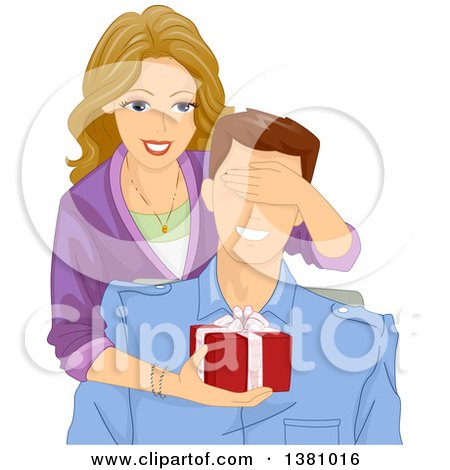 Clipart of a Cartoon Caucasian Woman Covering Her Husbands Eyes While Giving Him a Gift - Royalty Free Vector Illustration by BNP Design Studio