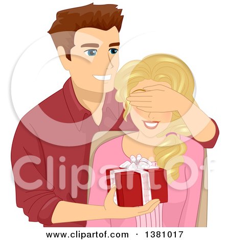 Clipart of a Cartoon Caucasian Husband Covering His Wifes Eyes While Giving Her a Gift - Royalty Free Vector Illustration by BNP Design Studio