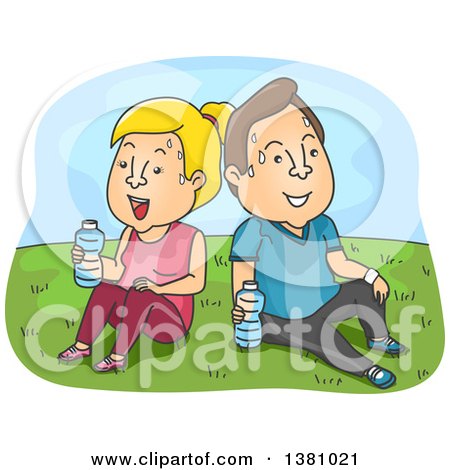 Clipart of a Cartoon Caucasian Couple Sweating, Resting and Drinking Water in a Park After a Work out - Royalty Free Vector Illustration by BNP Design Studio