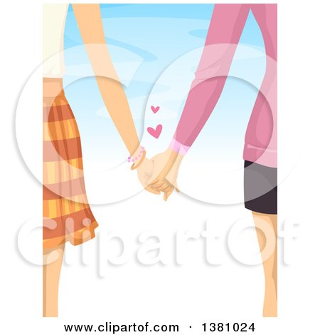 Clipart of a Rear View of a Caucasian Lesbian Couple Holding Hands Against Blue Sky - Royalty Free Vector Illustration by BNP Design Studio