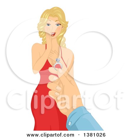 Clipart of a Man's Hand Holding out an Engagement Ring to a Surprised Blond Caucasian Woman - Royalty Free Vector Illustration by BNP Design Studio