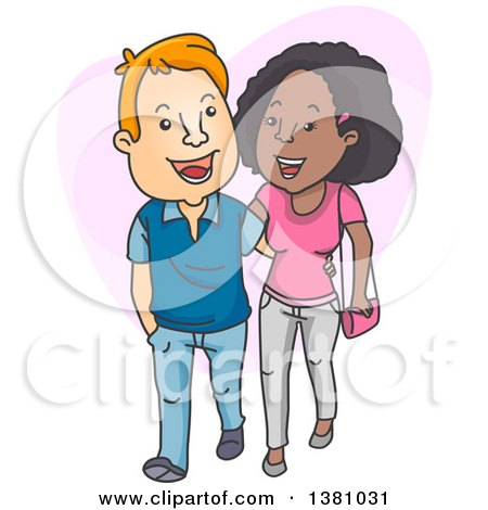 Clipart of a Happy Interracial Couple, White Man and Black Woman, Smiling and Walking Together - Royalty Free Vector Illustration by BNP Design Studio