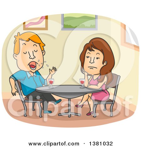 Clipart of a Cartoon Caucasian Woman Bored While on a Date with an Endless Male Talker - Royalty Free Vector Illustration by BNP Design Studio