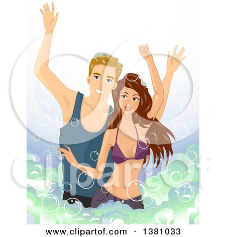 Clipart of a Young Caucasian Couple Dancing and Having Fun at a Bubble Party - Royalty Free Vector Illustration by BNP Design Studio