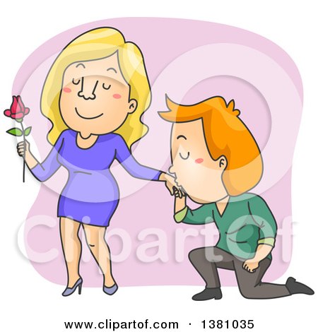 Clipart of a Man Kneeling and Kissing a Womans Hand After Giving Her a Rose - Royalty Free Vector Illustration by BNP Design Studio