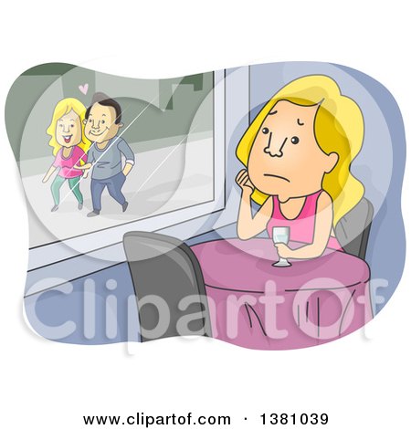 Clipart of a Cartoon Sad Blond Caucasian Woman Being Stood up on a Date, Watching a Couple Outside of a Restaurant - Royalty Free Vector Illustration by BNP Design Studio