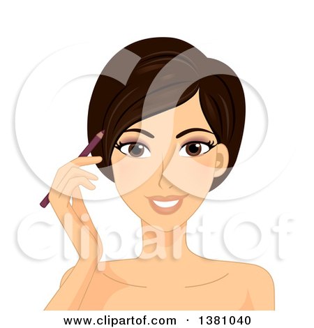 Clipart of a Brunette Caucasian Woman Applying Brow or Eyeliner - Royalty Free Vector Illustration by BNP Design Studio
