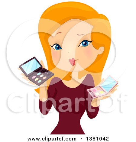 Clipart of a Red Haired Caucasian Woman Holding Makeup Palettes - Royalty Free Vector Illustration by BNP Design Studio