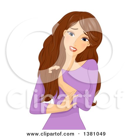 Clipart of a Brunette White Woman Trying to Get Tangles out of Her Hair - Royalty Free Vector Illustration by BNP Design Studio