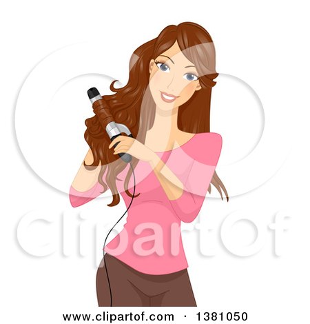 Clipart of a Brunette Caucasian Woman Curling Her Hair - Royalty Free Vector Illustration by BNP Design Studio