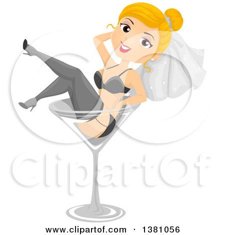 Clipart of a Cartoon Blond Caucasian Bride Wearing Undergarments and a Veil, Kicking Back in a Giant Wine Glass - Royalty Free Vector Illustration by BNP Design Studio
