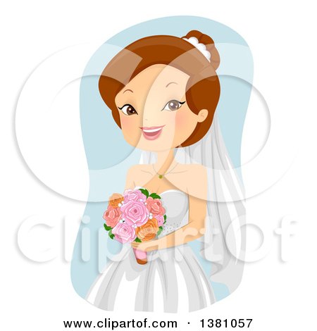 Clipart of a Happy Brunette Caucasian Bride Holding Flowers - Royalty Free Vector Illustration by BNP Design Studio