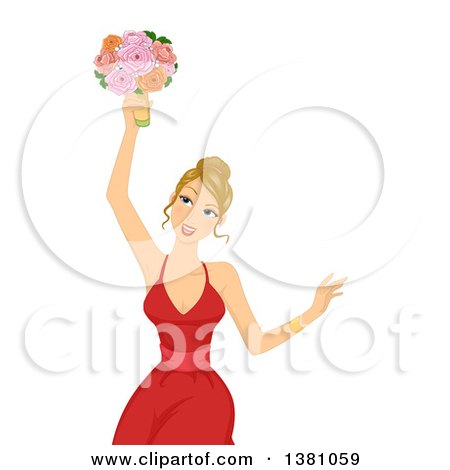Clipart of a Happy Dirty Blond Caucasian Bridesmaid in a Red Dress, Catching the Bridal Bouquet - Royalty Free Vector Illustration by BNP Design Studio