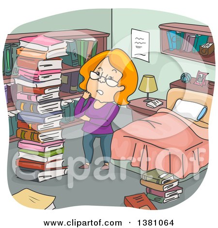 Clipart of a Cartoon Red Haired White Woman Going Through Her Library in Her Bedroom - Royalty Free Vector Illustration by BNP Design Studio