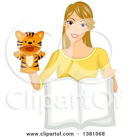 Clipart of a Dirty Blond White Woman Using a Tiger Puppet and Reading a Story Book - Royalty Free Vector Illustration by BNP Design Studio