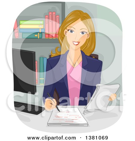 Clipart of a Dirty Blond White Woman Copy Editor Checking a Manuscript - Royalty Free Vector Illustration by BNP Design Studio